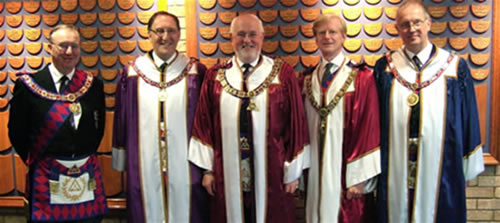 (l to r) E Comp David Jackson (Deputy Grand Superintendent) E Comp Terry Roy (Second Provincial Grand Principal) E Comp Wayne Williams (Grand Superintendent) Installing officer, ME Comp George Francis (Second Grand Principal) and E Comp Trevor Cooke (Third Provincial Grand Principal)