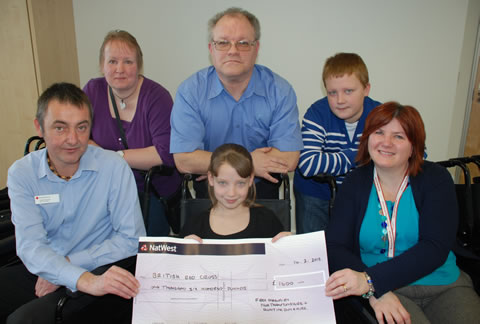 Back (l to r) Katrina Pickering, WBro Tony Pickering, their son Luke Front (l to r) Jason Prescott (Service Manager for Dial-a-Wheelchair) Chloe Pickering, Mary Morgan (Senior Community Fundraiser)