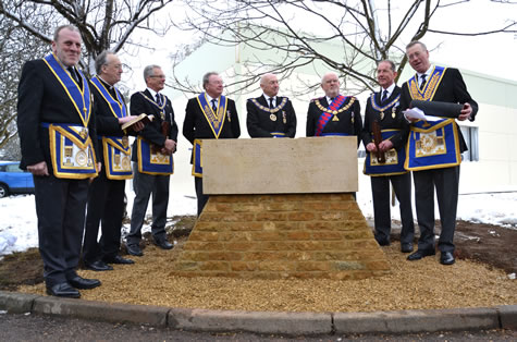 (l to r) W Bros Luigi Orsi ProvGSuptWks, Ray Hemingray ProvGChaplain, Jim Boughton APGM, Jim Parker Chairman of Board of Directors of Freemasons' Hall Northampton Ltd, RW Bro Max Bayes PGM, VW Bro Wayne Williams MEGS of the Holy Royal Arch, W Bros Norman Pope APGM & Trevor Boswell ProvGSec (with the time capsule)