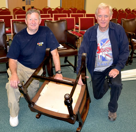 (l to r) WBros Barry Stephenson & George Frosdick with a Lodge room chair they have renovated