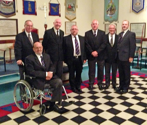 (l to r) WBro David Jackson, WBro Lyndon Price, RWBro Max Bayes; WBro John Burns (WM of St Giles), WBro David Genner, WBro Barry Cole & WBro Scott Morton (WM of Thistle & Rose)