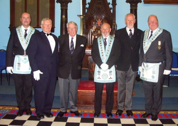 (l to r) Bro Worraker, VWBro Bob Cowley, RWBro Brian Smith, WBro Geoff Dyson, WBro David Burton, Bro Perrin Brown