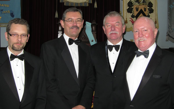 (l to r) Pictured the evening before the big shave are Bro Darren Hurley (SW) W Bro Dale Gilbert (DC) W Bro John Bennett (PM) and W Bro Bob Dennis (JW)