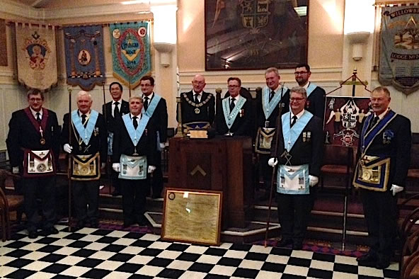 PGM, RWBro Max Bayes, with WM, WBro John Betts, and Officers of the Lodge of Perseverance