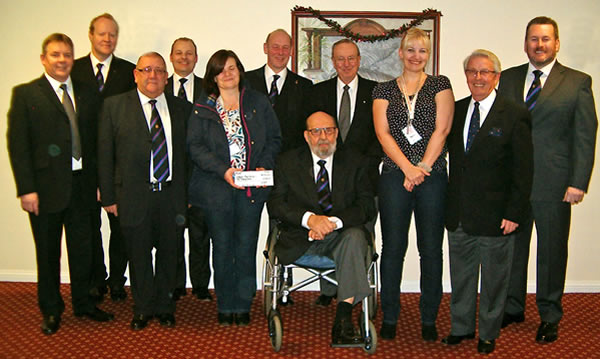 (back l to r) WBro W Summerfield (Corbie Lodge), WBro S Morton (Thistle & Rose Lodge), WBro W Glover (Unity Lodge), WBro D Jackson & WBro J Hill (Heritage Lodge) (front l to r) WBro J Ranaghan (Ferraria Lodge), WBro J Burns (St Giles Lodge), Maggie MacKay, WBro L. Price, Jo Mitchard & WBro B Cole