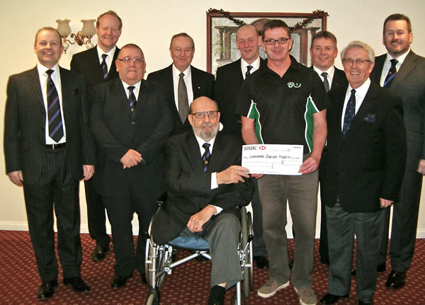 (rear l to r) WBro W Summerfield (Corbie Lodge), WBro D Jackson, WBro W Glover (Lodge of Unity), WBro J Ranaghan (Ferraria Lodge) & WBro J Hill (Heritage Lodge)   (front l to r) WBro S Morton (Thistle & Rose Lodge), WBro J Burns (St Giles Lodge), WBro L Price, Paul Marlow (Fund Raising Manager, Lakelands Hospice) & WBro B Cole