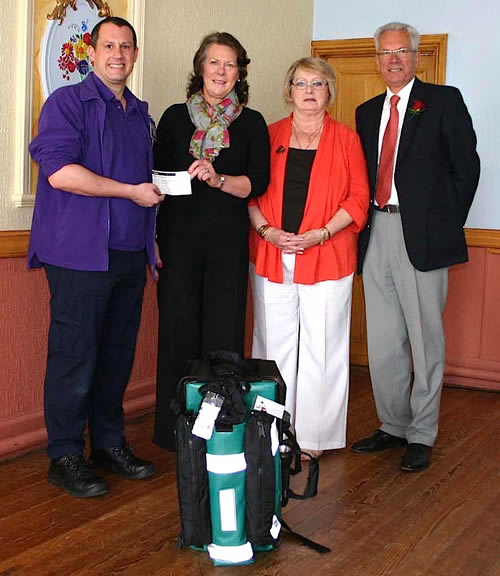 (l to r)  Matt Folkes (First Responders), Caroline Rivett (LAMs Chairman), Kathy Moss (LAMs Almoner) & WBro Jim Boughton (APGM) with a First Response kit