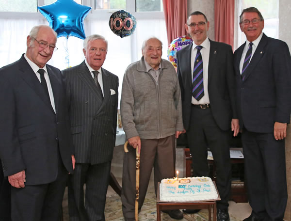 (l to r)  WBros Trevor March, Michael Branch, Bob Hall, Alex Willis (Worshipful Master) & Trevor Pywell (Lodge Almoner)