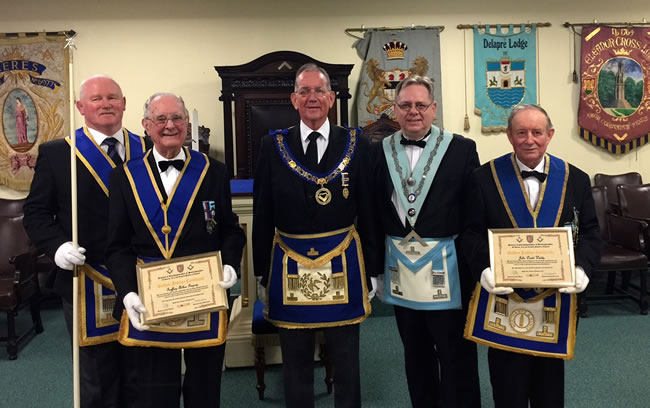 I(l to r) WBros Bob Cox (Prov DGDC), Geoff Gregory, Norman Pope (APGM), Steve Peskett (Ceres WM) & David Waddy