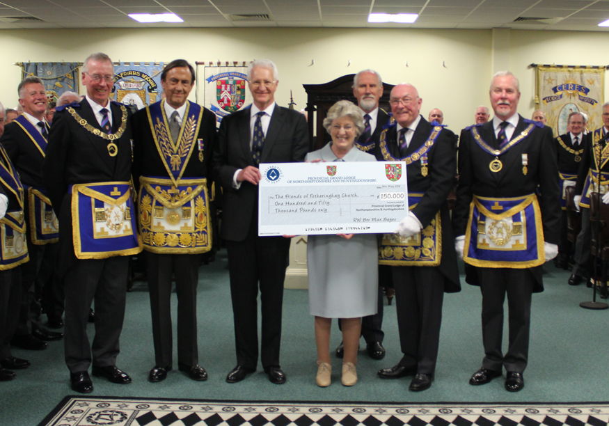 (l to r) VWBro Trevor Boswell, Most WBro Lord Northampton, Lady Victoria Leatham, Simon Leatham, RW Bro Max Bayes & WBro Charles Bennett